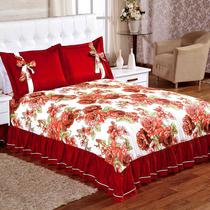 Kit Cobre Leito Casal Queen com Babado e Laço 3 Peças Floral Vermelho Isabela Kit Cobre Leito Casal Queen com Babado e Laço 3 Peças Floral Vermelho Isabela