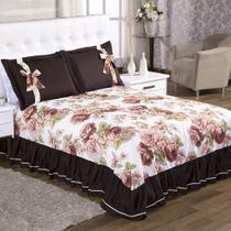 Kit Cobre Leito Casal Queen com Babado e Laço 3 Peças Marrom Isabela