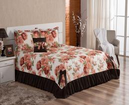 Kit Cobre Leito Casal Queen Laila 5Pçs Colcha Floral Marrom