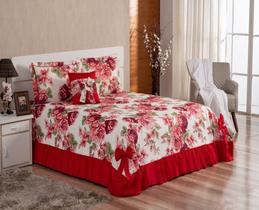 Kit Cobre Leito Casal Queen Laila 5Pçs Colcha Floral Vermelho