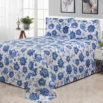 Kit Cobre Leito Casal Super King Bella Piquet 03 Peças Flores AZUL