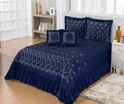Kit Cobre Leito Casal Super King Desejos 07 Peças Bordado Colcha AZUL MARINHO