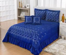 Kit Cobre Leito Casal Super King Desejos 07 Peças Bordado Colcha AZUL ROYAL