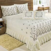 Kit Cobre Leito Casal Super King Desejos 07 Peças Bordado Colcha - Palha