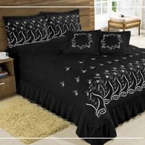 Kit Cobre Leito Casal Super King Desejos 07 Peças Bordado Colcha - Preto