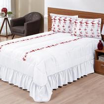Kit Cobre Leito Casal Super King Lisse 03 Peças Colcha Branco c/ Vermelho