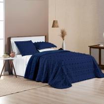 Kit Cobre Leito Colcha Alexa Pompom Casal Padrão Dupla Face Micropercal 3 Peças - Azul Marinho