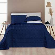 Kit Cobre Leito Colcha Alexa Pompom King Dupla Face Micropercal 3 Peças - Azul Marinho