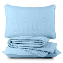 Kit Cobre Leito Colcha Arcos Queen Dupla Face Matelado 200 Fios 3 Peças Azul Claro