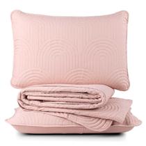 Kit Cobre Leito Colcha Arcos Queen Dupla Face Matelado 200 Fios 3 Peças Rosa