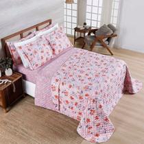 Kit Cobre Leito Colcha Belle King Estampado Dupla Face 400 Fios 3 Peças Floral Rosê