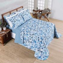 Kit Cobre Leito Colcha Benim Queen 3 Peças Dupla Face Micropercal 400 Fios - Loli Azul Floral - 100% Poliéster
