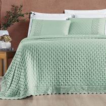 Kit Cobre Leito Colcha Bouclê Casal Padrão Laise Bordada Micropercal 200 Fios 3 Peças - Verde Salvia