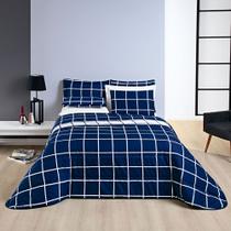 Kit Cobre Leito Colcha Brooklyn Queen Quadriculado Micropercal 200 Fios 3 Peças - Azul Marinho