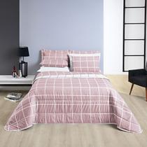 Kit Cobre Leito Colcha Brooklyn Solteiro Quadriculado Micropercal 200 Fios 2 Peças - Rosa