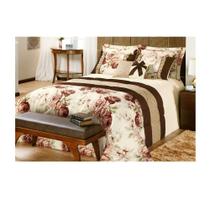 Kit Cobre Leito Colcha Casal King 7 Peças Algodão Floral Vitória - Palha/Tabaco