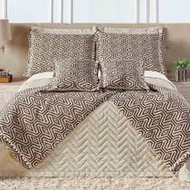 Kit Cobre Leito Colcha Chevron Premium Queen 8 Peças Dupla Face Estampado Xale Pompom - Bege