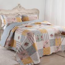 Kit Cobre Leito Colcha Daily Queen 3 Peças Dupla Face Estampado Floral Patchwork 15 100% Poliéster