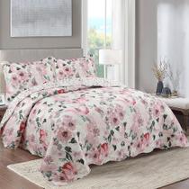 Kit Cobre Leito Colcha Daily Queen 3 Peças Dupla Face Estampado Floral - Sirlene Palha - 100% Poliéster