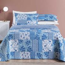 Kit Cobre Leito Colcha Dallas King Dupla Face Estampada 3 Peças - Azul Sereno Patchwork
