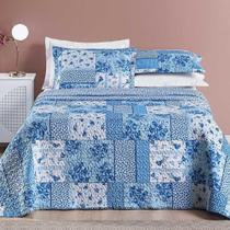Kit Cobre Leito Colcha Dallas King Dupla Face Estampada 3 Peças - Azul Sereno Patchwork