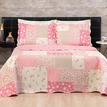 Kit Cobre Leito Colcha Dallas Queen Dupla Face Estampada 3 Peças - Rosa Patchwork Cloud