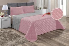 Kit Cobre Leito Colcha Dupla Face Cama King Cinza E Rosa