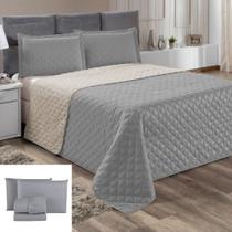 Kit Cobre Leito Colcha Dupla Face Cama Super King + Lençol Cinza