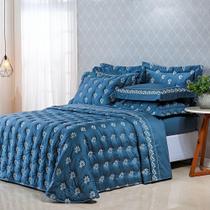 Kit Cobre Leito Colcha Garland Queen 100% Algodão 400 Fios Acetinado Bordado 5 Peças - Azul Marinho