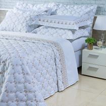 Kit Cobre Leito Colcha Garland Queen 100% Algodão 400 Fios Acetinado Bordado 5 Peças - Branco