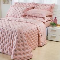 Kit Cobre Leito Colcha Garland Super King 100% Algodão 400 Fios Acetinado Bordado 5 Peças - Rosê