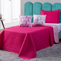 Kit Cobre Leito Colcha Infantil CASAL PADRÃO 05 Peças Unicórnio Listrado Pink/Rosa Dupla Face com Almofadas Estampadas