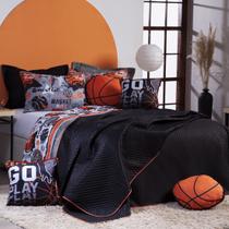 Kit Cobre Leito Colcha Infantil CASAL PADRÃO 07 Peças Basquete Dupla Face Preto/Cinza com Almofadas Estampadas