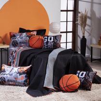 Kit Cobre Leito Colcha Infantil SOLTEIRO 05 Peças Basquete Dupla Face Preto/Cinza com Almofadas Estampadas