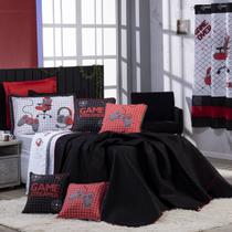 Kit Cobre Leito Colcha Infantil SOLTEIRO 5 Peças Game Streamer Dupla Face com Almofadas Estampadas