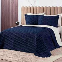 Kit Cobre Leito Colcha Jade Queen 03 Peças Micropercal 200 Fios Matelado Clean - Azul Marinho