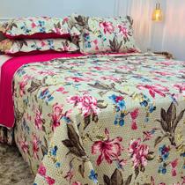 Kit Cobre Leito Colcha King 3 Peças Estampada Florida Matelado Dupla Face Percal Cama Box