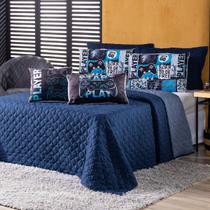 Kit Cobre Leito Colcha KING Best Player Azul Marinho com Almofadas Estampadas 07 Peças - Dupla Face Percal 300 Fios