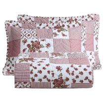 Kit Cobre Leito Colcha Lislie Casal 3 Peças Percal 300 Fios Dupla Face Estampado - Patchwork Malva - 100% Poliéster