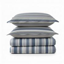 Kit Cobre Leito Colcha Magnus Queen 3 Peças Dupla Face Estampado Geométrico - Listas Blue - 100% Poliéster