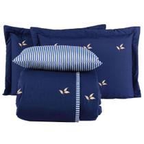 Kit Cobre Leito Colcha Melini Queen 200 Fios Bordado Listrado 5 Peças - Azul Marinho