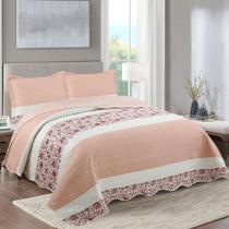 Kit Cobre Leito Colcha Mix King Estampado Dupla Face Floral 3 Peças - Talita - Salmão