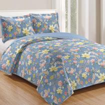 Kit Cobre Leito Colcha Mix Queen Estampado Dupla Face Floral 3 Peças - Leona Kit Cobre Leito Colcha Mix Queen Estampado Dupla Face Floral 3 Peças - Leona