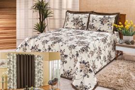 Kit Cobre Leito Colcha Queen Floral + Cortina Para Quarto Floral Marrom