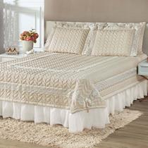 Kit Cobre Leito Colcha Romance Queen 5 Peças MicroPercal 200 Fios Matelado Costurado Renda - Palha - 100% Poliéster