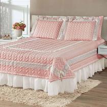 Kit Cobre Leito Colcha Romance Queen 5 Peças Micropercal 200 Fios Matelado Costurado Renda - Rose