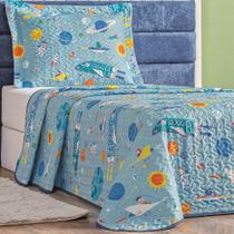 Kit Cobre Leito Colcha Solteiro Infantil Fantasy Dupla Face Microfibra 2 Peças - Astronauta - Azul