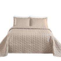 Kit Cobre Leito Colcha Tendência Queen 3 Peças MicroPercal 200 Fios Bordado Premium - Cáqui - 100% Poliéster