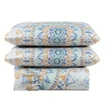 Kit Cobre Leito Colcha Turin Casal Estampada c/ Babado 400 Fios 3 Peças Mandala Azul Bege - 100% Poliéster