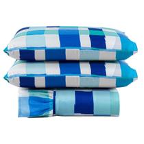 Kit Cobre Leito Colcha Turin Casal Estampada c/ Babado 400 Fios 3 Peças Xadrez Quadriculado Azul